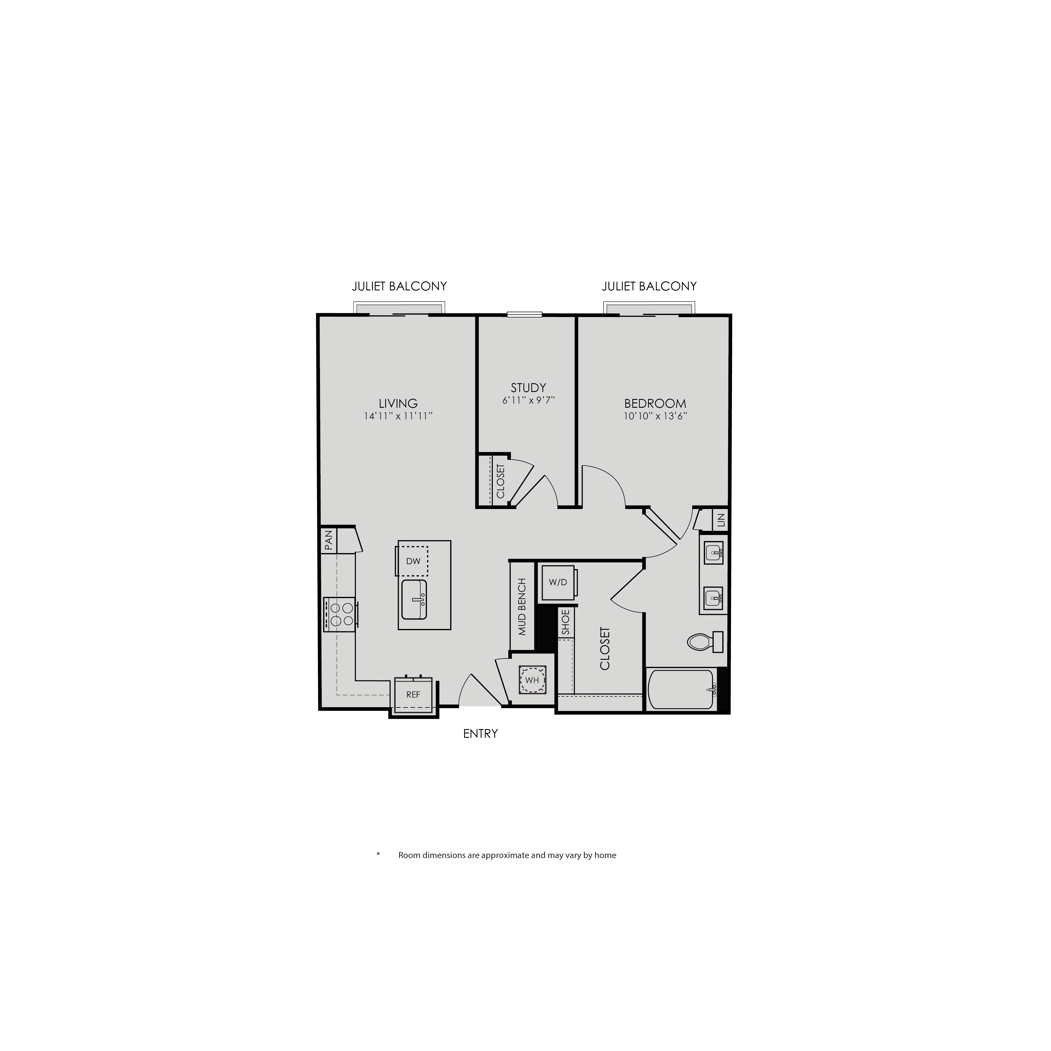 Floor plan for 1 bed, 1 bath, 868 sqft